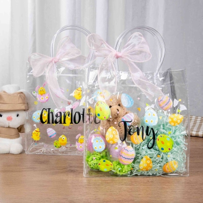 Personalized Name Easter Gift Bag with Pink Bow Ribbon, PVC Transparent Eggs and Chicks Bag, Easter Party Favor, Easter Gift for Kids/Girls/Boys