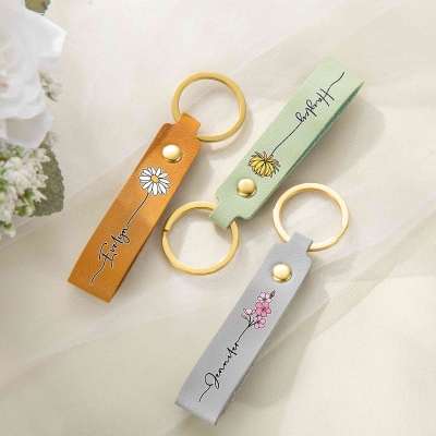Personalized Colorful Birth Flower Keychain with Name, PU Leather Keyring, Bridal Shower Favor, Birthday/Wedding Gift for Her/Bridesmaids/Women