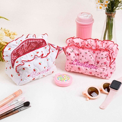 Personalized Name Embroidered Ruffle Floral Makeup Bag, Women's Travel Toiletry Pouch, Birthday/Mother's Day/Wedding Gift for Her/Mom/Bridesmaids