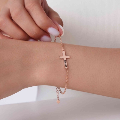 Custom Name Cross Adjustable Bracelet, Sterling Silver 925 Minimalist Christian Jewelry, First Communion/Baptism/Christmas Gift for Her/Women/Girls