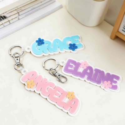 Personalized Name Tag Keychain with Flowers, Acrylic Name Charm for Lunch Bag/Backpack, Back to School/Birthday Gift for Kids/Girls/Daughters
