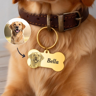 Personalized Engraved Name & Photo Dog Tag, Bone Shape Dog ID Tag with Dog Portrait & Name, Dog Collar Charm, Gift for Dog Mom/Owners/Pet Lovers