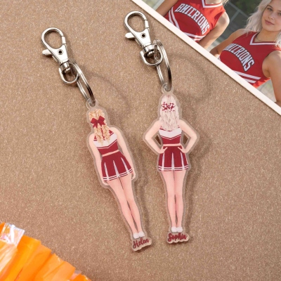 Personalized Cartoon Cheerleading Girl Keychain with Name, Acrylic Bag Charm, End of Season/Birthday Gift for Cheer Team/Coaches/Cheerleaders