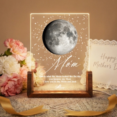 Custom Name Mom Moon Phase LED Night Light, Acrylic The Day You Became My Mom Night Lamp with Wooden Base, Mother's Day/Birthday Gift for Mom/Grandma