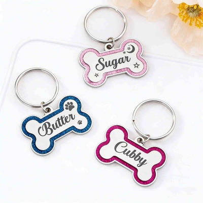 Personalized Glitter Dog Bone Tag, ID Tag with Engraved Name & Text for Pets, Gift for Pet Lover/Owner