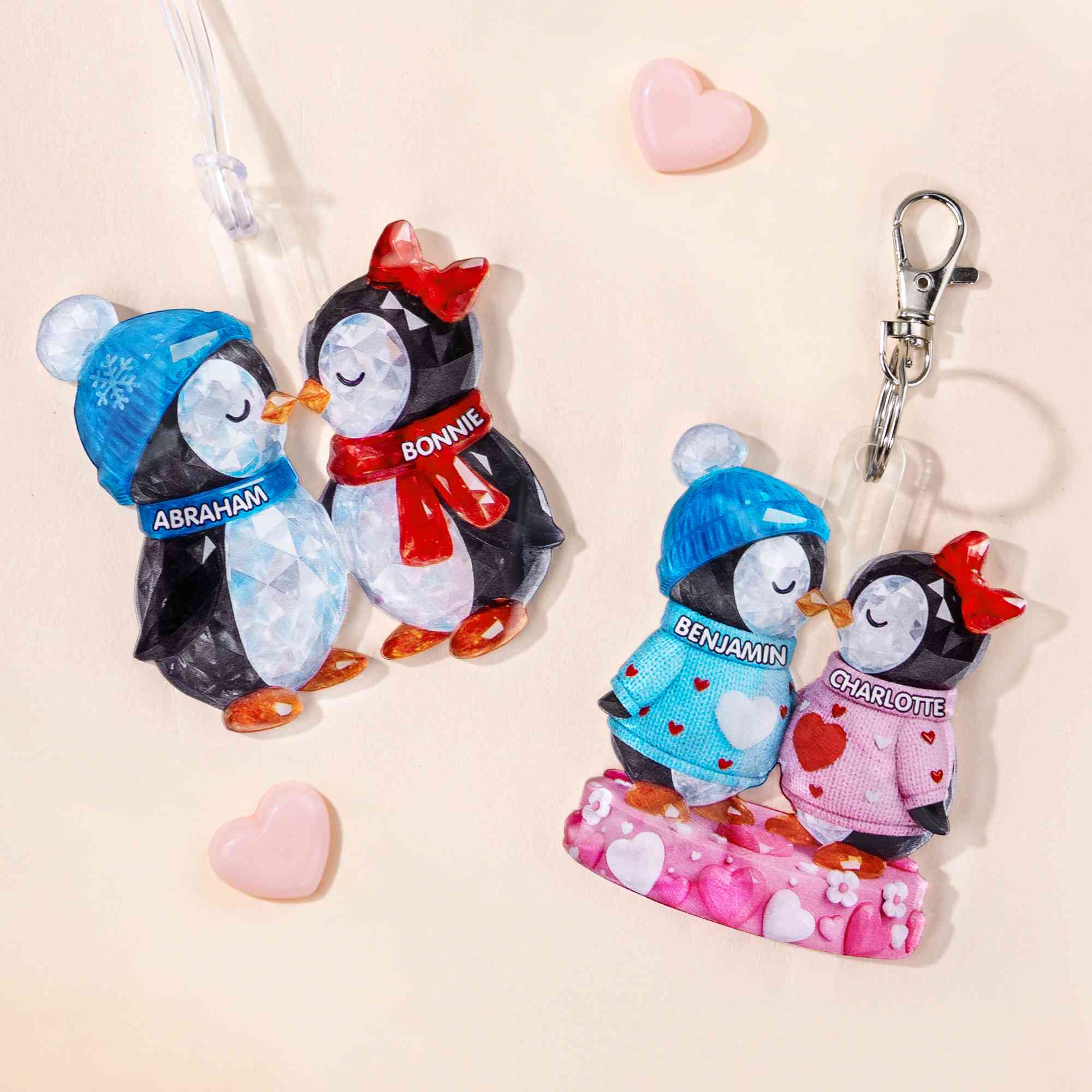 Custom Names 3D Crystal Effect Penguin Couple Keychain, Acrylic Ornament, Bag Charm, Anniversary/Valentine's Day/Wedding Gift for Couple/Newlyweds