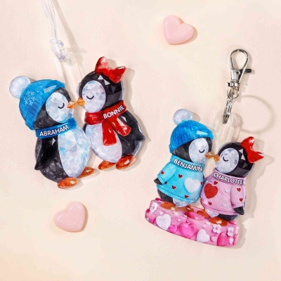 Custom Names 3D Crystal Effect Penguin Couple Keychain, Acrylic Ornament, Bag Charm, Anniversary/Valentine's Day/Wedding Gift for Couple/Newlyweds