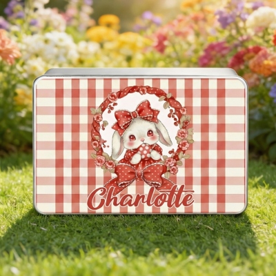 Personalized Name Easter Floral Bunny Gingham Treat Tin with Lid, Biscuit Box, Tinplate Container, Easter Party Favor, Easter Gift for Kids/Boys/Girls