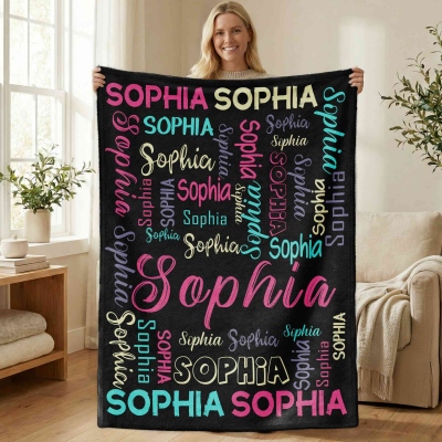 Personalized Name Word Cloud Blanket, Multicolor Flannel/Sherpa Throw for Bed Couch, Home Decor, Birthday/Housewarming Gift for Family/Kids/Friends