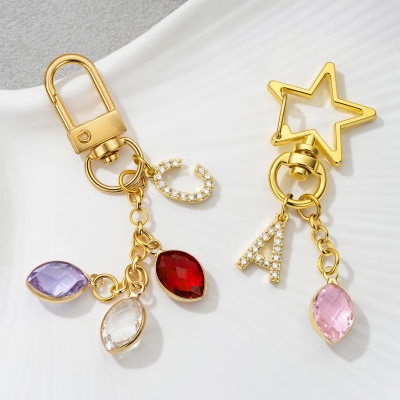 Personalized 1-6 Birthstones Keychain with Cubic Zirconia Initial, Family Birthstones Bag Charm, Birthday/Mother's Day Gift for Her/Mom/Grandma