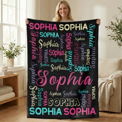 Personalized Name Word Cloud Blanket, Multicolor Flannel/Sherpa Throw for Bed Couch, Home Decor, Birthday/Housewarming Gift for Family/Kids/Friends