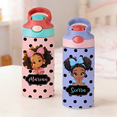 Custom Name Polka Dots Cartoon Black Girl Water Bottle, 12oz/16oz Tumbler with Straw & Lid, Back to School/Birthday Gift for African American Girls