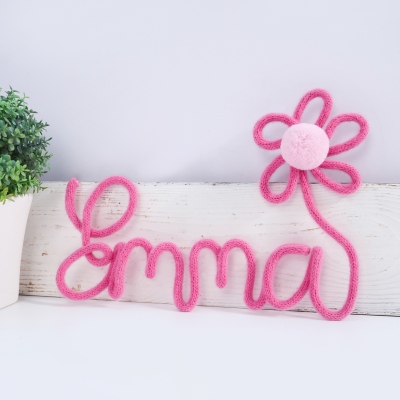 Personalized Wire Knitted Name Sign with Pom-Pom Flower, Playroom/Nursery Decor, Birthday/Children's Day Gift for Kids/Girls/Daughters