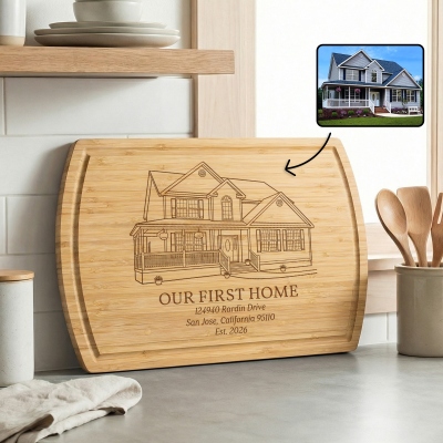 Personalized Engraved House Portrait Cutting Board, New Home Photo Wooden Charcuterie Board, Kitchen Accessory, Housewarming Gift for Family/Couple