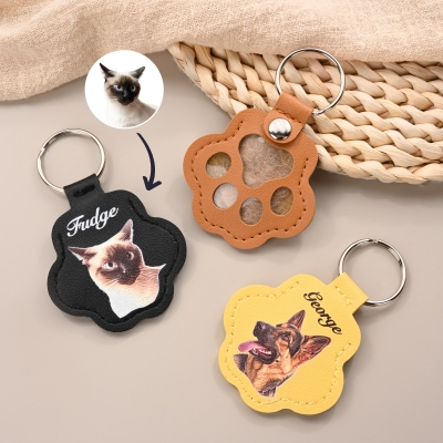 Personalized Pet Portrait Embossed Paw Shaped Leather Keychain with Name, Fur Keepsake Memorial Keyring, Birthday/Sympathy Gift for Pet Owners/Lovers