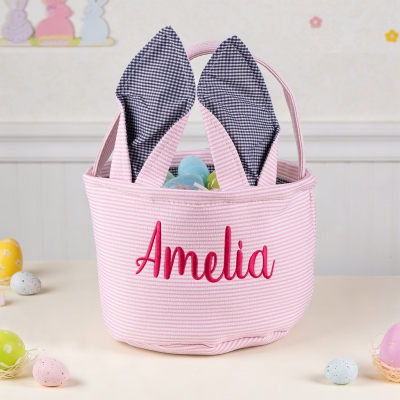 Custom Name Embroidered Easter Basket with Bunny Ears, Easter Egg Hunt Basket, Seersucker Easter Goodie Bucket Bag, Easter Gift for Kids/Boys/Girls
