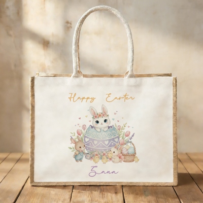 Personalized Name Watercolor Cracked Egg Bunny Burlap Tote Bag, Large Capacity Jute Egg Hunt Bag, Easter Party Favor, Easter Gift for Kids/Women