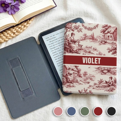 Personalized Name Toile de Jouy Reading Woman Kindle Case with Handle, TPU Kindle Protector, Birthday/Graduation Gift for Her/Book Lovers/Readers