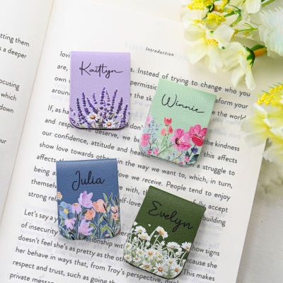 Custom Name Watercolor Wildflower Leather Bookmark, Magnetic Floral Bookmark Clip, Reading Accessory, Birthday/Graduation Gift for Book Lovers/Women