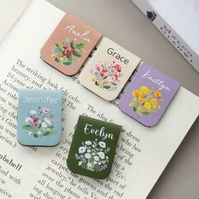 Personalized Name Birth Flower Bookmark, Magnetic Leather Bookmark Clip, Birthday/Anniversary/Graduation Gift for Book Lovers/Librarians/Women