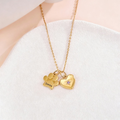 Personalized Name Paw & Heart Pendant Necklace with Birthstone, Sterling Silver 925 Dainty Pet Memorial Jewelry, Gift for Pet Lovers/Owners/Her