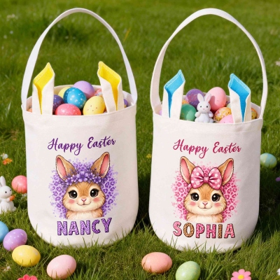 Personalized Name Leopard Print Cartoon Bunny Easter Basket, Cotton Linen Easter Egg Hunt Bucket Bag with Bunny Ears, Easter Gift for Kids/Boys/Girls
