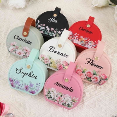 Personalized Name Birth Flower Portable Hand-Held Jewelry Case with Handle, PU Leather Travel Jewelry Box, Birthday/Wedding Gift for Women/Bridesmaids