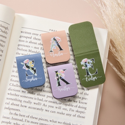 Personalized Name Floral Alphabet Bookmark, Magnetic Leather Bookmark Clip, Birthday/Anniversary/Graduation Gift for Book Lovers/Readers/Women