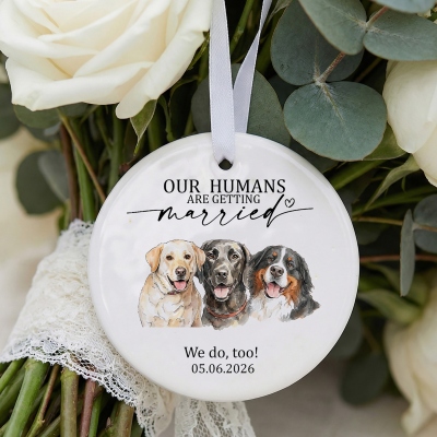 Custom Watercolor Pet Portrait Wedding Christmas Ornament with Name, Ceramic Hanging Party Decor, Engagement/Wedding Gift for Pet Lovers/Newlyweds