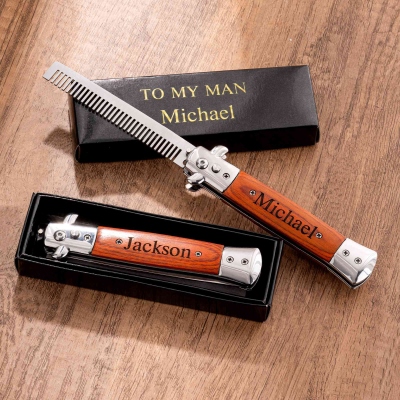 Custom Engraved Folding Pocket Beard Comb with Box, Stainless Steel Wooden Mustache Comb, Birthday/Father's Day/Wedding Gift for Husband/Dad/Groomsmen
