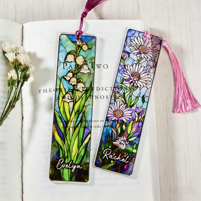 Personalized Name Birth Flower Stained Glass Bookmark with Tassels, Acrylic Floral Bookmark, Birthday/Graduation Gift for Book Lovers/Readers/Women