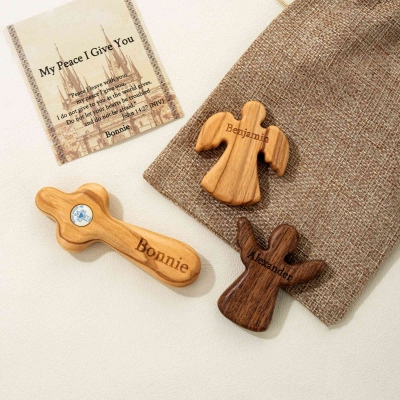 Personalized Name Wooden Cross/Angel with Card & Small Sack, Handheld Cross/Angel Ornament, Birthday/Christmas/Christening Gift for Family/Friends