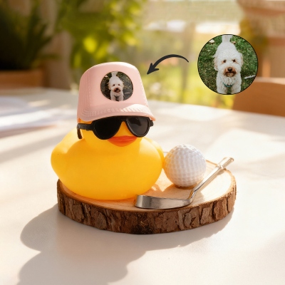 Personalized Photo Hatted Golf Duck, Rubber Duck Ornament with Golf Ball, Club & Wooden Base, Birthday/Father's Day Gift for Him/Dad/Golfers/Players
