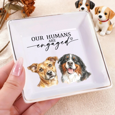 Personalized Watercolor Pet Portrait Jewelry Tray, Circle/Square/Heart-Shaped Ceramic Trinket Dish, Engagement/Wedding Gift for Newlyweds/Pet Lovers