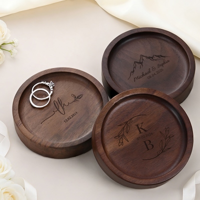 Custom Engraved Walnut Wood Ring Dish, Monogrammed Jewelry Tray, Rustic Trinket Holder, Anniversary/Engagement/Wedding Gift for Newlyweds/Couples
