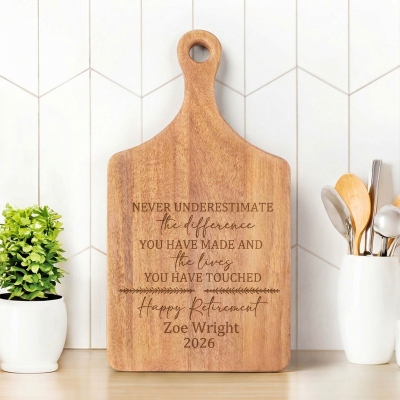 Custom Engraved Happy Retirement Cutting Board with Handle, Wooden Charcuterie Board, Serving Tray, Retirement Gift for Family/Friends/Colleagues