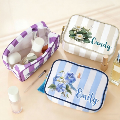 Personalized Name Birth Flower Striped Makeup Bag with Tassel Zipper, Canvas Toiletry Pouch, Birthday/Wedding Gift for Her/Mom/Bridesmaids/Women