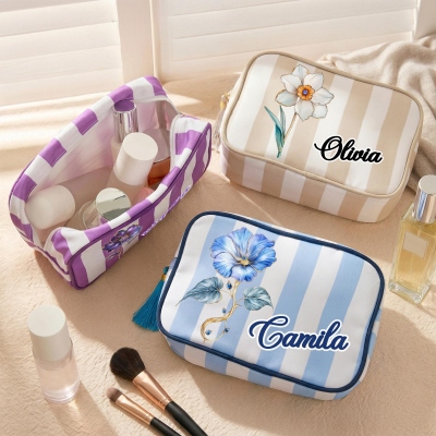Custom Name Retro Gemstone Birth Flower Striped Makeup Bag with Tassel Zipper, Canvas Toiletry Pouch, Birthday/Wedding Gift for Women/Bridesmaids
