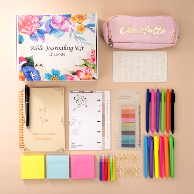 Personalized Floral Notebook Pencil Case Bible Study Kit with Name, Colorful Pens and Gift Box 11PCS, Baptism/Christmas Gift for Christians/Catholics