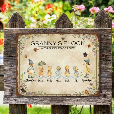 Custom 1-8 Names Watercolor Duck Family Garden Sign, Tinplate Vintage Granny's Flora Flock Outdoor Plaque, Birthday/Mother's Day Gift for Mom/Grandma