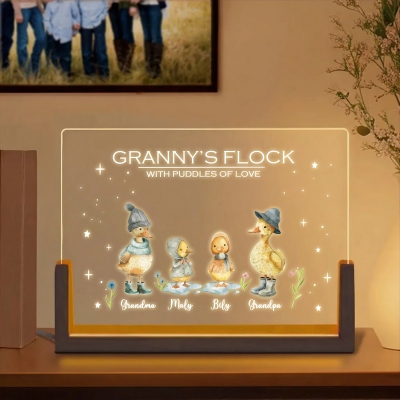 Personalized 1-8 Names Watercolor Duck Family LED Night Light, Rectangular Acrylic Night Lamp with Wooden Base, Mother’s Day Gift for Mom/Grandma