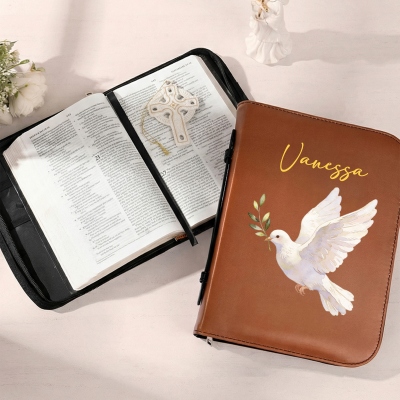 Personalized Name Christian Cross PU Leather Bible Book Cover, Religious Book Sleeve with Zipper and Carry Handle, Birthday Gift for Her/Mom/Family