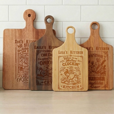 Personalized Name Funny Cartoon Cutting Board with Handle, Wooden Engraved Charcuterie Board, Serving Tray, Birthday/Mother's Day Gift for Mom/Family
