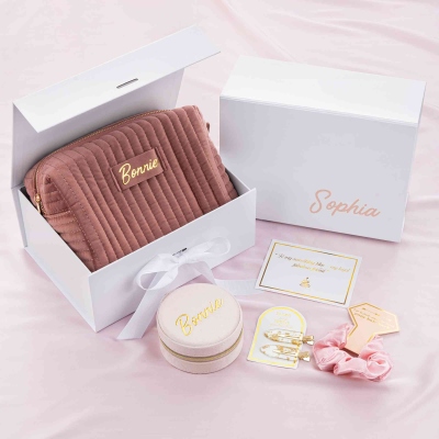 Personalized Multicolor Makeup Bag Bridesmaid Gift Set with Name, Gift Box and Scrunchie 5PCS, Bachelorette Party Favor, Wedding Gift for Bridesmaids