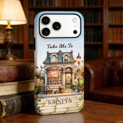 Personalized Take Me to Bookstore Phone Case with Name, Double Layer TPU Phone Case for iPhone, Birthday/Graduation Gift for Book Lovers/Readers