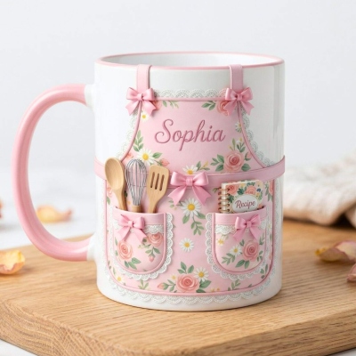 Personalized 3D Floral Cooking Apron Mug with Name, Ceramic Chef Accent Coffee Hot Cocoa Mug with Realistic Accessories, Mother's Day Gift Baking Mom