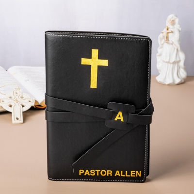 Personalized Name & Initial Cross Priest Notebook with Card Pen Holder, Leather Prayer Journal with Strap Closure, Christian Gift for Pastors