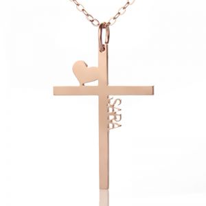 Personalized Rose Gold Plated Silver Cross Name Necklace with Heart