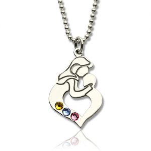 Personalized Mother & Child Necklace with Birthstones Silver