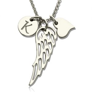 Girl's Angel Wing Necklace Gift With Heart & Initial Charm